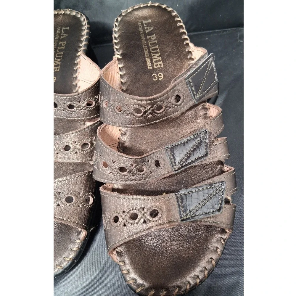 La Plume Metallic Bronze Leather Wedge Slide Sandals Adjustable Straps Size 39